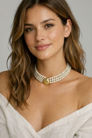 CHOKER PÉROLAS COM PIGENTE DOURADO CONCHA