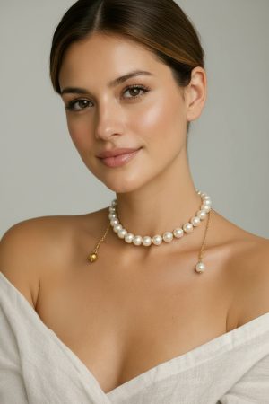 COLAR DE PÉROLAS COM DETALHES DOURADO